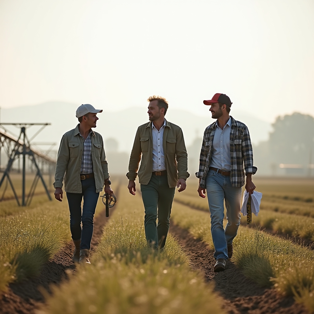 Equipo técnico caminando un terreno agrícola durante una visita de relevamiento conjunta